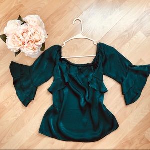 NWT Emerald Green Silk Flowy Ruffle Top